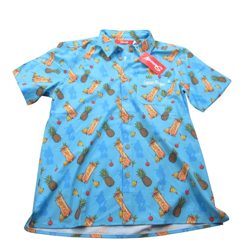 Shinesty Captain Morgan Cocktail Print‎  Button Up Shirt Men's XL Blue